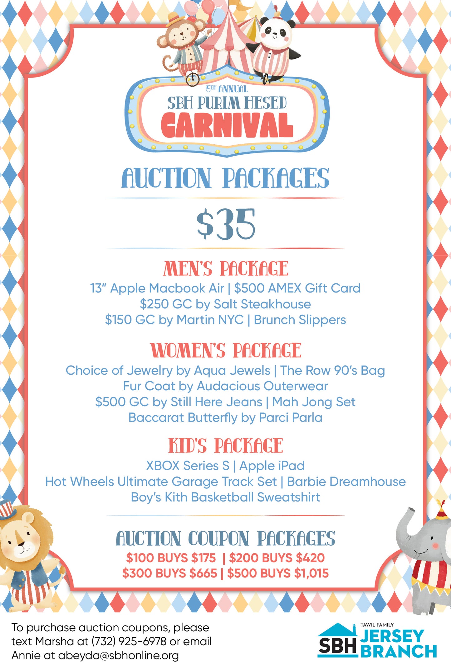 SBH Purim Hesed Carnival Auction Packages
